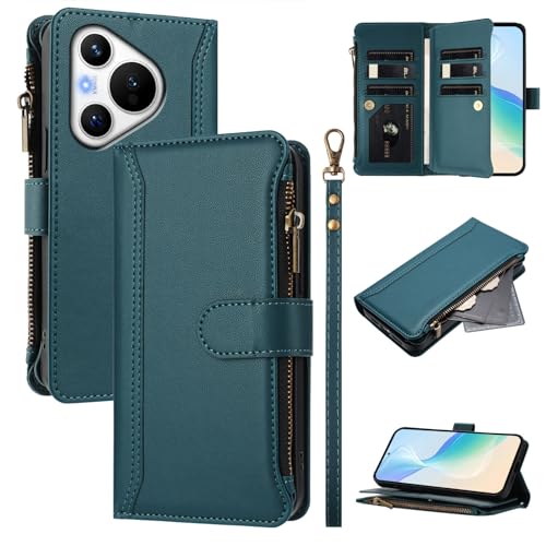 Rfvzubemok Compatible with Huawei Pura 70 Pro 5G,Compatible with Huawei Pura 70 Pro Plus 5G Cover,Flip Kickstand Double Card Slots Zipper Wallet Case Green