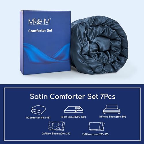 MR&HM Satin Comforter Queen 7 Pieces - Luxurious Pinch Pleat Bedding Set with Comforter, Flat Sheet, Fitted Sheet, Pillowcases & Shams, Super Silky Soft Bed Set for All Season (Queen, Mood Indigo)