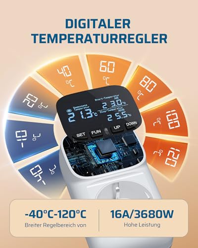 DEWENWILS Temperaturregler, Deutsches Display, Temperaturschalter mit Fühler 230V, Digital Thermostat Steckdose, Temperaturwächter mit Heiz- und Kühlmodus für Gewächshaus, Terrarium, Kühlschrank