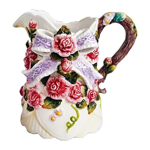 Minigift Ceramic Pitcher with Handle,3D Hand-Painted Rose Flower Home Décor Vase- 7Inchs H Cover