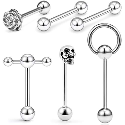 SCERRING 6PCS 14G Stainless Steel Rose Skull Door Lock Tongue Teaser Double Barbell with Slave Ring Nippleings Ring Body Piercing Jewelry Silver