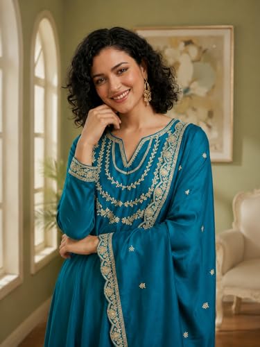 Image of Yashika Women's Silk Blend Embroidered Anarkali Kurta Set with Dupatta | Full Length Ethnic Wear for Women | Wedding