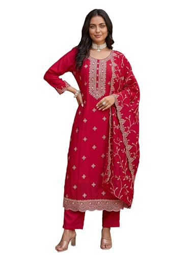 Image of INDO ERA Women's Silk Blend Embroidered Zari Work Kurta & Pant with Dupatta Set