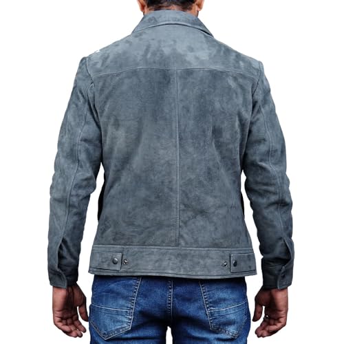 Image of Mens Polo Collar Zipper Suede Shirts Long Sleeve Shacket Suede Trucker Jacket Real Suede Leather Shirt