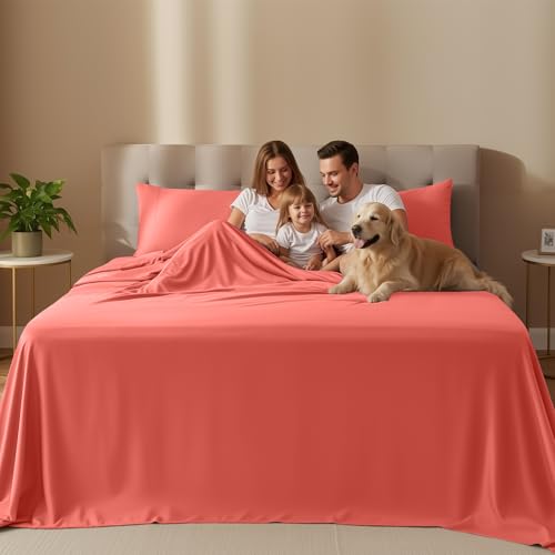 Image of Utopia Bedding Full Size Sheet Set - 4 Piece Bed Sheets, Soft and Breathable Microfiber, Includes 1 Fitted Sheet, 1 Flat Sheet and 2 Pillowcases - Oeko Tex (Coral)