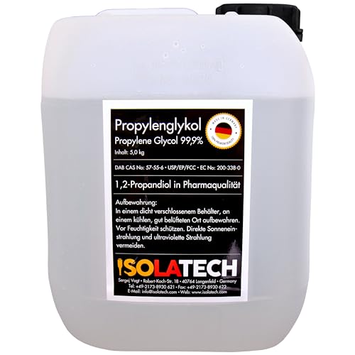 ISOLATECH Propylène Glycol 5L 99,9% Qualité Pharmaceutique | Pour Alimentation & Cosmétique | Incolore, Inodore | 1,2 Propanediol en Bidon