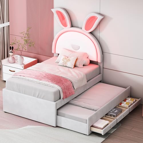 Merax Lit pour enfant, 90 x 200 cm, avec lumière LED, lit gigogne et tiroir de rangement, lit simple avec espace de rangement, pour enfants et adolescents,...