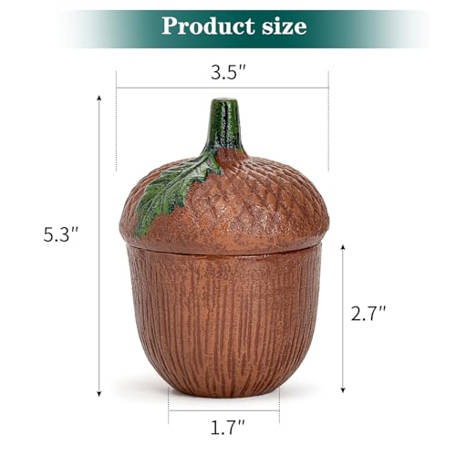 Sungmor Cast Iron Acorn-Shaped Trinket Box - Rustic Decorative Container with Lid, Vintage Fall Home Décor Accent - Hand-Painted Small Storage Jar for Halloween, Thanksgiving - Brown Finish