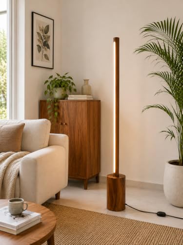 Image of Modern LED Floor Lamp with Wooden Base, 45 Inch Slim Ambient Standing Lamp, Warm Light Decorative Floor Light for Living Room, Bedroom, Corner