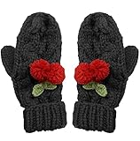 BIBITIME Cute Cherry Gloves Mittens Women Handmade Cable Knitting Winter Warm (One Size, Dark Grey)