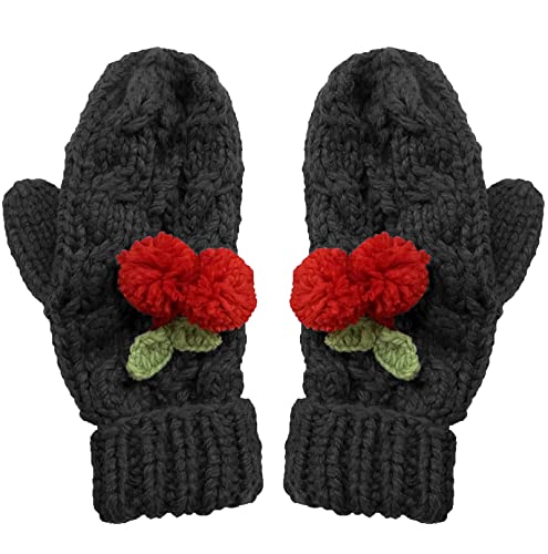 BIBITIME Cute Cherry Gloves Mittens Women Handmade Cable Knitting Winter Warm (One Size, Dark Grey)