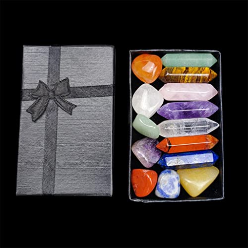 Newmind 14 peças de pedras de cristal natural polidas polidas com caixa de presente, quartzo, obsidi