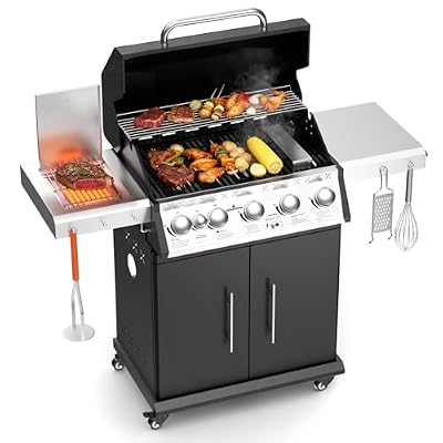 SKOK 5 Burner BBQ Grill with Infrared Side and Rear Burners,Gas Grill with Cast Iron Grates,Outdoor Barbecue Grill 72,000 BTU Output