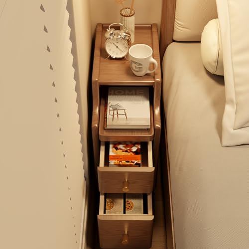 Image of AQIMUELE Small Nightstand with Drawers, Solid Wood Bedside Table, Narrow Walnut Nightstand for Bedroom