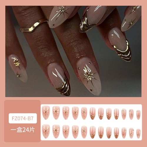 Image of Gold Press on Nails French Tip Fake Nails Nude Glossy False Nail with Rhinestone Design Star Glue on Nails Reusable Artificial Acrylic Full Cover Stick on Nail for Women Manicure 24Pcs