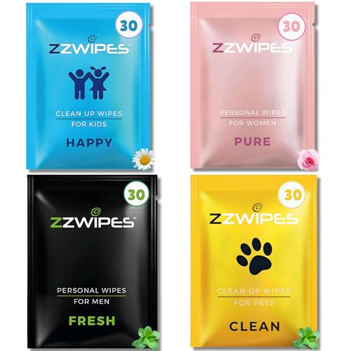 ZZWIPES Wet Wipes for Women, Men, Kids & Dogs – Alcohol-Free (Pack of 30each) Individually Wrapped, Large, Aloe Vera & Chamomile Infused, Ideal for Intimate Hygiene, Travel, & Sensitive Skin Care