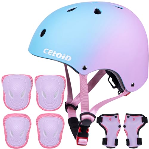 CELOID Kids Helmet Pad Set Adjustable Kids Skateboard Bike Helmet Knee & Elbow Pads Wrist Guards 8-14-16yrs Youth Protective Gear Set for Girls Boys Bicycle Bike Roller Skating Scooter Sport Blue pink