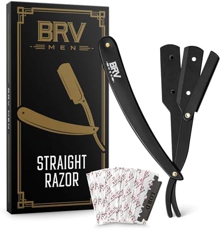 BRV MEN Professional Straight Edge Barber Razor w/ 100 Single Edge Razor Blades | Straight Razors for Men | Barbershop Accessories | Mens Shaving Knife & Shavette - Black