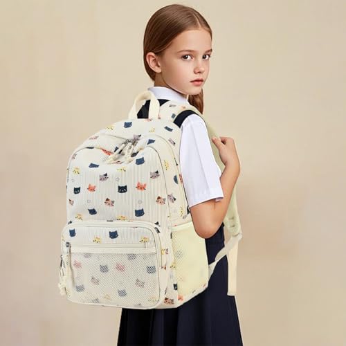 JIANYA Kids Backpack for Girls, Lightweight Girls Backpack with Lunch Box, Elementary School Bag Set, Cute Cat Beige2