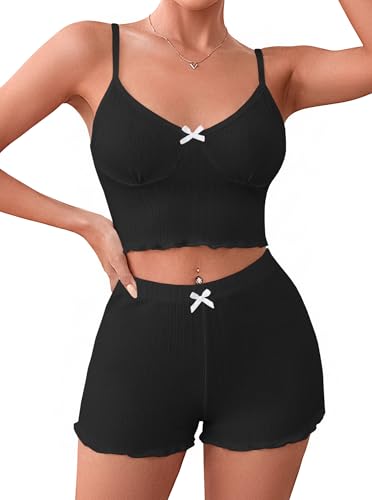 Image of Hilinker Women's 2 Piece Sexy Pajama Set Ribbed Cami Top and Shorts Sleepwear Cute Pjs Solid Black Medium