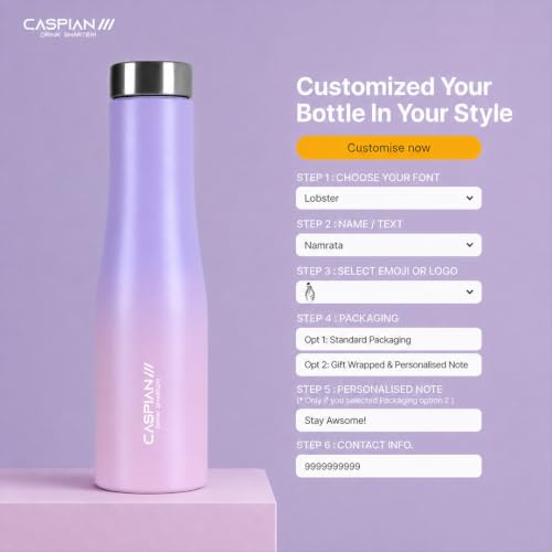 Image of Caspian Aqua Customised Stainless Steel Water Bottle 1L, with Logo Print - Personalised Water Bottle with Your Name Print for Kids Boys Girls School Office Gym- Perfect for Corporate Gifting Bloom