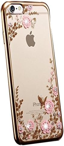 iPhone 6 Case, V-FYee [Secret Floral Series] Slim Dual Flexible TPU Rubber Back Cover with Clear Flower Bling Glitter Stone Diamond Case for iPhone 6 / 6s 4.7 inch - Golden Edge