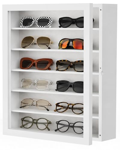 Image of TJ.MOREE Sunglasses Organizer Storage Wall Mounted: 13 x 15.6 inches Eyewear Display Case 6 Tier Rustic Wood Eyeglasses Holder Large Glasses Storage Box, White