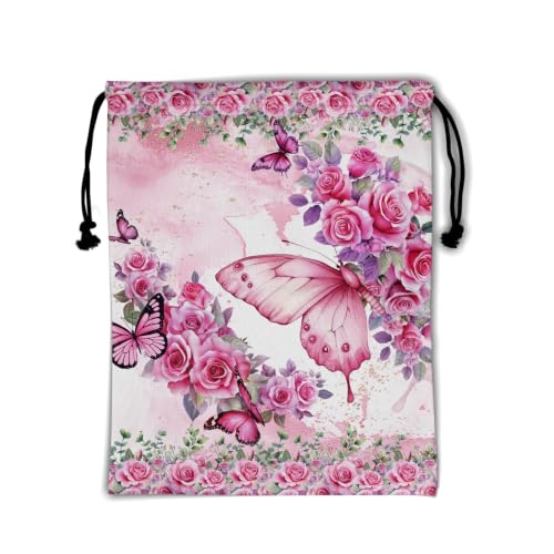 Image of Pink Butterfly Gymnastics Grip Bag Small Drawstring Gym Bag Outdoor Storage