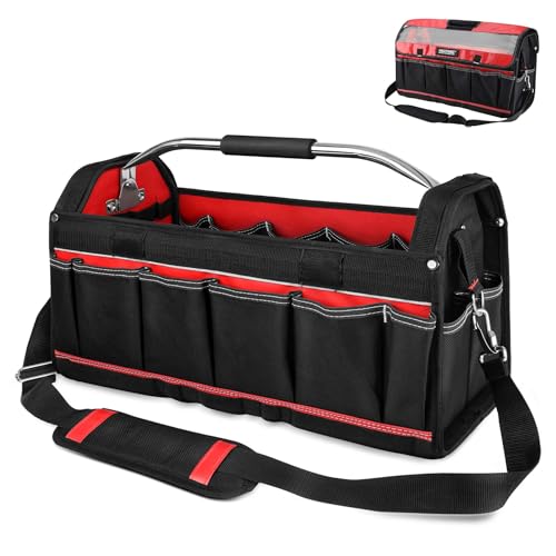 HAUTMEC 20" Heavy-Duty Tool Tote – 1680D Open-Top Tool Bag with Waterproof Cover, Rotating Handle & Shoulder Strap – HT0296