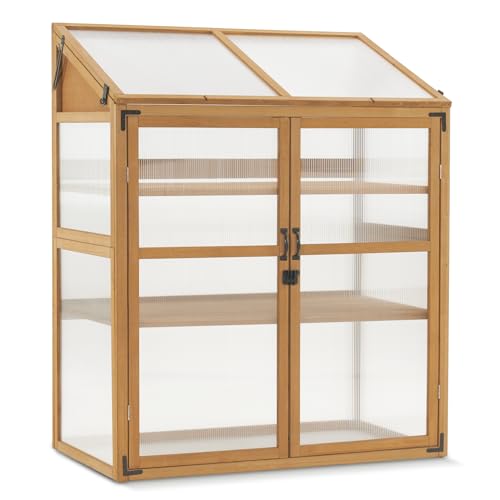 Macrout Cold Frame Greenhouse, Large Wooden Greenhouse Cabinet, Garden Cold Frame with Adjustable Shelves for Outdoor Indoor Use, 1344 (Natural)