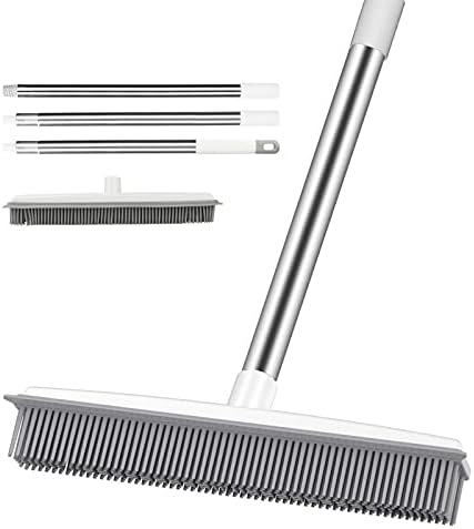 LINGSFIRE Rubber Broom, 2 in 1 Sweeping Brush with Window Squeegee Adjustable Handle Soft Bristle Broom for Human Pet Cat Dog Hair Kitchen Floor Tile Carpet Garden Yard Window Cleaning (Gray)