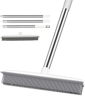 LINGSFIRE Rubber Broom, 2 in 1 Sweeping Brush with Window Squeegee Adjustable Handle Soft Bristle Broom for Human Pet Cat Dog Hair Kitchen Floor Tile Carpet Garden Yard Window Cleaning (Gray)