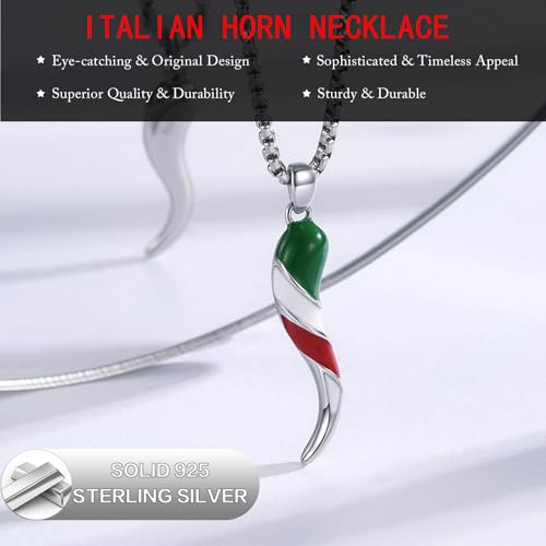 925 Sterling Silver Italian Horn Necklace for Men Women Italian Flag Cornicello Pendant Good Luck Amulet3
