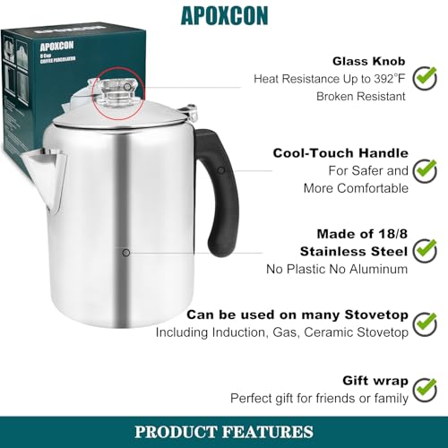 APOXCON 8-Tassen-Edelstahl-Kaffeemaschine für Camping und Outdoor-Reisen, Perkolator-Kaffeekanne mit hitzebeständigem Borosilikatglas-Knauf & stilvollen Griffen für jede Herdplatte