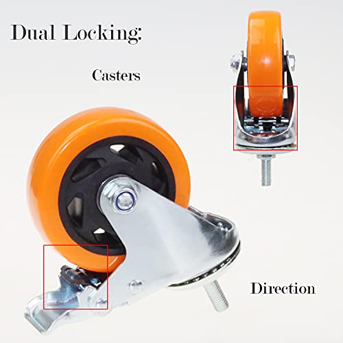 Image of Heavy Duty Stem Caster Wheels M10-1.5X25mm Dual Locking No Noise PVC Threaded Stem Caster Wheels Pack of 4 for Workbench, Dolly, Furniture (4 Inch, Orange)