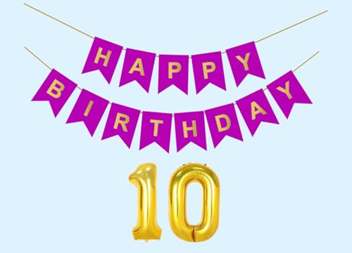 Image of 10th Happy Birthday Decoration Kit Purple for 10 year Old Boys Girls Kids with Number Ten Party Decorations Decor Celebration Items Item Set Combo Reusable Paper Banner