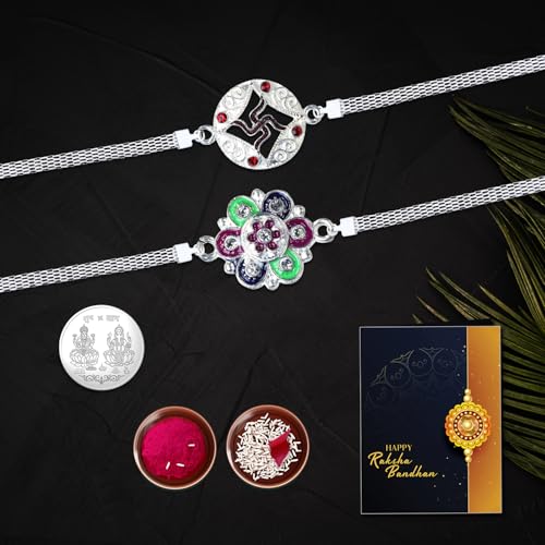 Image of Oblivion Floral and Swastik Chain Rakhi Set of 2 for Brother with Silver Colour Pooja Coin, Tilak Set and Greeting Card for Raksha Bandhan