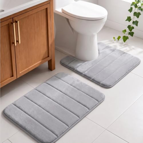 Memory Foam Bathroom Rugs Sets 2 Piece - Super Soft Absorbent Quick Dry Memory Foam Bathroom Rugs Machine Washable Non Slip Floor Carpet for Tub Shower & Single Sink 16x24 & 20x20 (Light Grey)