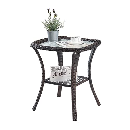 HUMMUH Patio Wicker Side Table Outdoor, Rattan End Table Glass Top