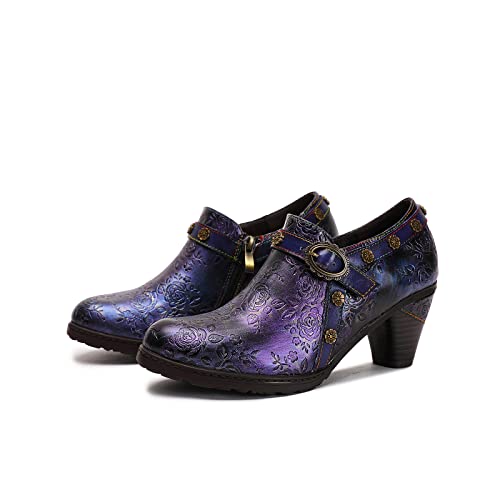 CrazycatZ Leather Pumps,Womens Colorful Vintage Block Heel Floral Oxford Shoes2
