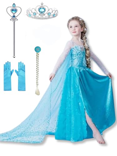 Yigoo ELSA Eiskönigin Prinzessin Kostüm Kleid Mädchen Kinder mit elsa kostüm Geschenke Accessoires- Perücke,Zauberstab,Krone,Kopfschmuck 110