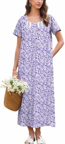 Ekouaer Cotton Nightgowns for Women Short Sleeve Sleepshirt Ladies Victorain Sleepwear Gown Soft Loungewear with Pockets