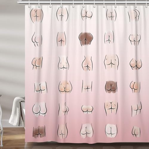JAWO Funny Shower Curtain for Bathroom, Fun Butt Hilarious Long Fabric Shower Curtains Set, White Restroom Decor Accessories, Hooks Included (72X75), Gradient
