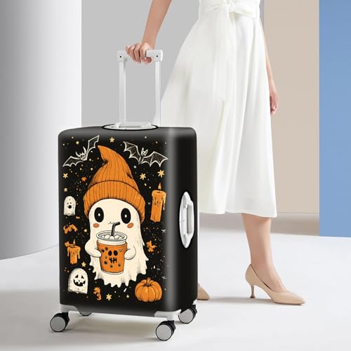 Cute Ghost Halloween Luggage Cover – Bubble Tea Suitcase Protector with Pumpkin & Bat Design – Stretchable Travel Cover for 28-30 Inch Luggage, L2