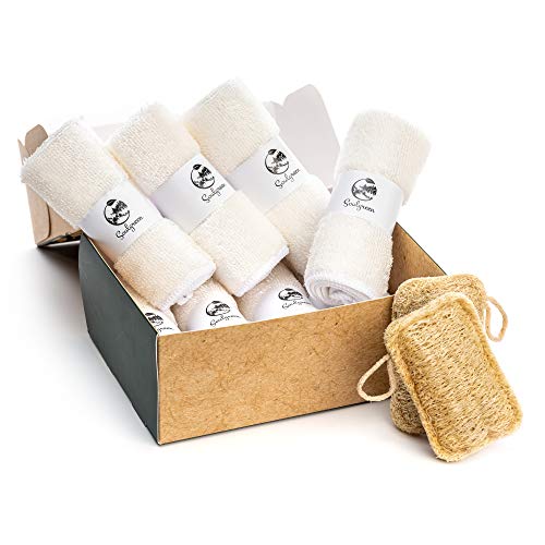 Super Absorbent Bamboo Washcloths x 8 - Natural Loofah Sponge x 2 - Eco-Friendly Dish Scrubber - Combo for Cleaning Supplies - Multi-Purpose Reusable Towels - Luxury Dish Cloths - Kitchen Towels