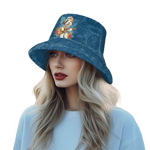 Foiosoh Hawaii Guitar Dog Bucket Hat for Women and Men Winter Soft Faux Fur Fisherman Cap Fashion Sun Cap