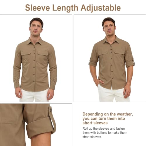 BSBUY Hemd Herren Safari -Atmungsaktiv Langärmlig Button Down Hemd, Casual Regular Fit Outdoorhemd, Schnelltrocknend Funktionshemd Schutz für Wanderhemd Angeln Safari Reisen Golf, Braun, L
