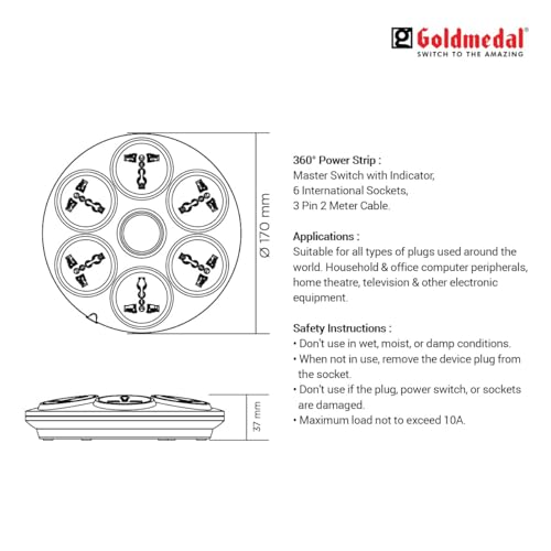 Image of COPPE-RICO Goldmedal 360 Degree Power Strip (White) Pack of 1, 6-Outlet International Sockets, 3-Pin 2 Meter Cable, Master Switch with Led Light Indicator and Overload Protector for Home & Office