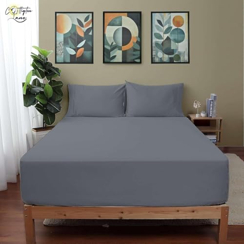Image of 100% Pure Cotton Elastic Fitted Bedsheet for 72x78 Inch Mattress | Dark Grey Solid | Soft, Breathable & Skin-Friendly | Deep Pocket All-Around Elastic | Wrinkle Resistant | King Size