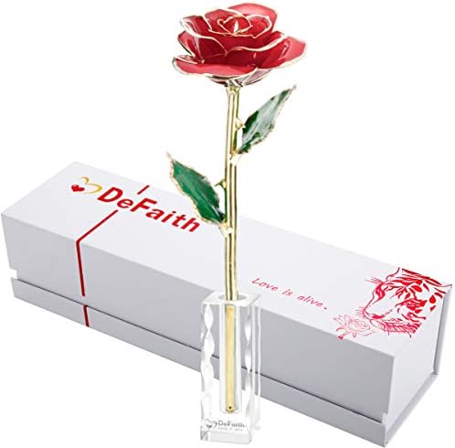 DEFAITH 24K Gold Dipped Real Rose Gifts, Great Wedding Anniversary Valentines Day Love Gift for Her Wife Girlfriend Spouse, with Stand (Red w/Crystal 2)